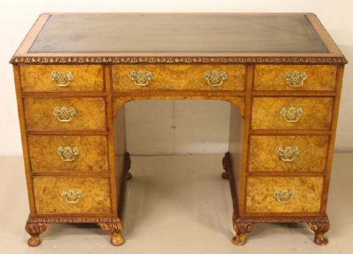 Burr Walnut 9 Drawer Pedestal Desk