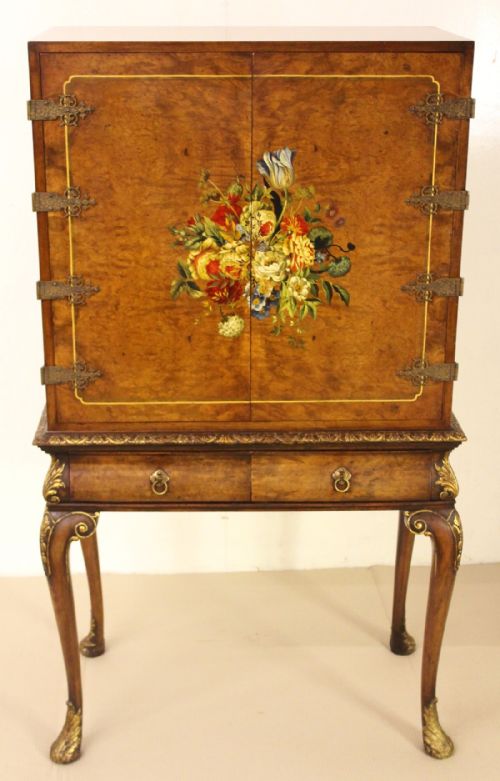Floral Painted Burr Walnut Cocktail Cabinet