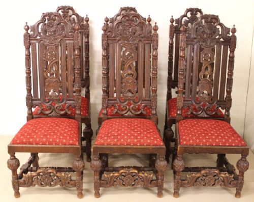 Set of 6 Carved Oak High Back Chairs