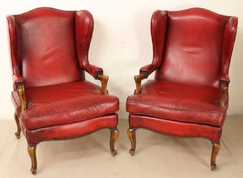 Pair of French Walnut and Leather Upholstered Armchairs