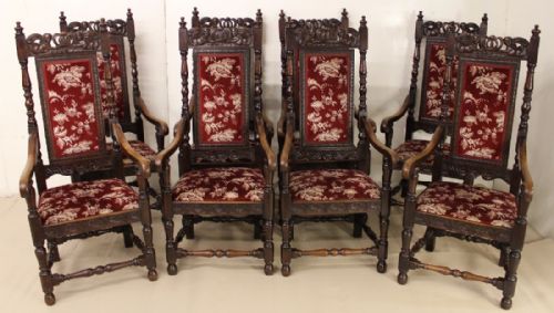 Set of 8 Victorian Carved Oak Armchairs