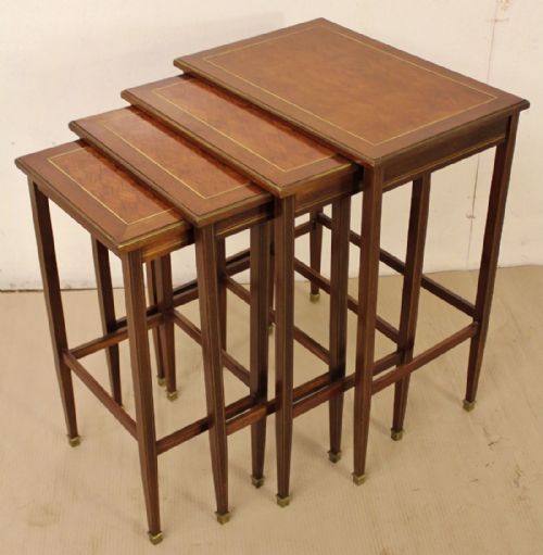 Brass Inlaid and Parquetry Nest of Four Tables