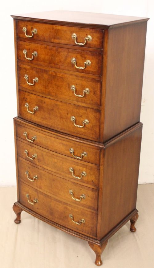 Tall Burr Walnut Bow Fronted Chest of Drawers