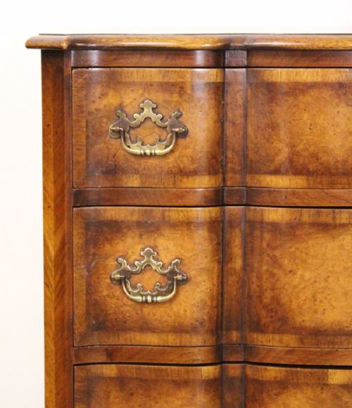 fig 1. Burr Walnut Serpentine fronted Chest by Waring and Gillow