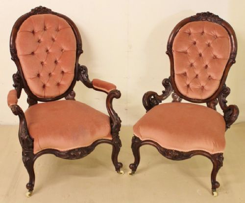 Pair of Victorian His and Hers Upholstered Armchairs