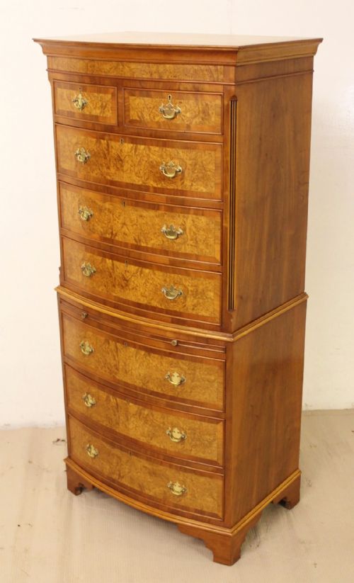 Burr Walnut Bow Fronted Chest on Chest