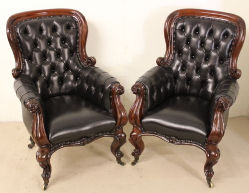 Pair of Early Victorian Leather Upholstered Mahogany Library Chairs