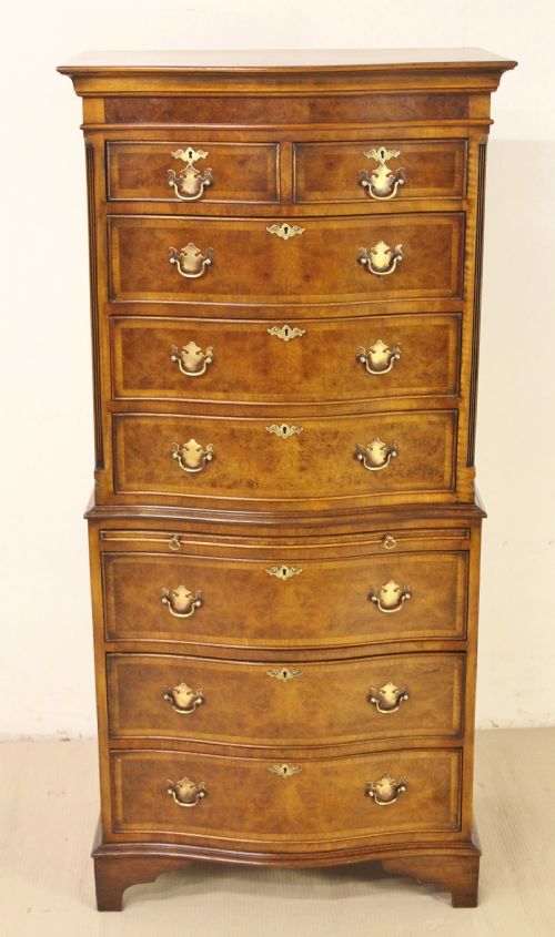Burr Walnut Serpentine Fronted Chest on Chest