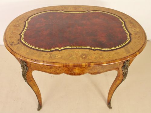 Victorian Oval Burr Walnut and Marquetry Writing Table