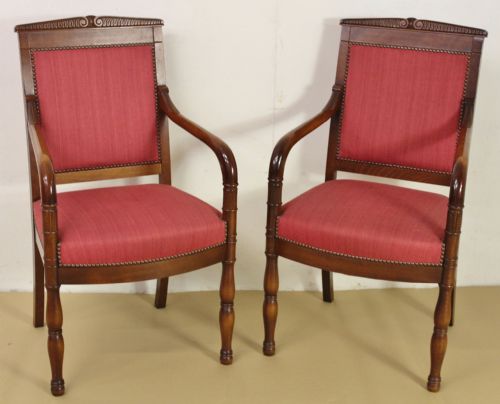 Pair of French Upholstered Mahogany Scroll Armchairs