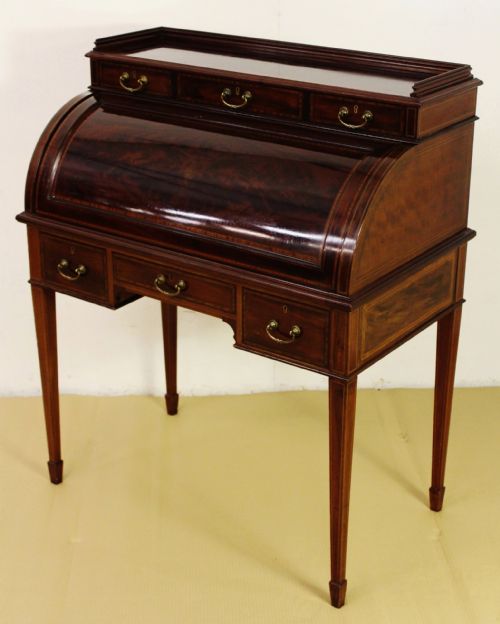 Inlaid Mahogany Cylinder Bureau by Jas Shoolbred
