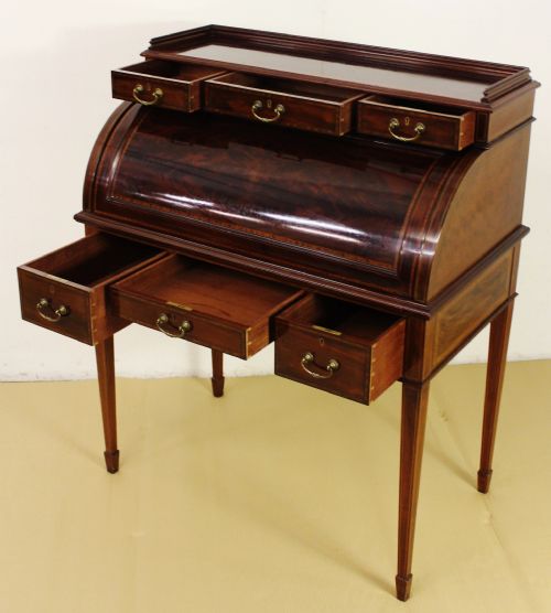 fig 3. Inlaid Mahogany Cylinder Bureau by Jas Shoolbred