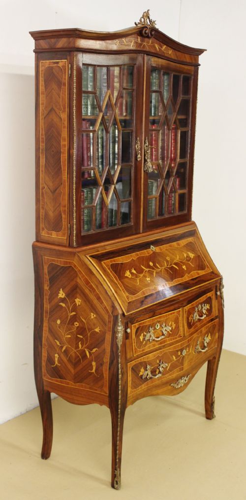 French Rosewood Marquetry Bureau Bookcase