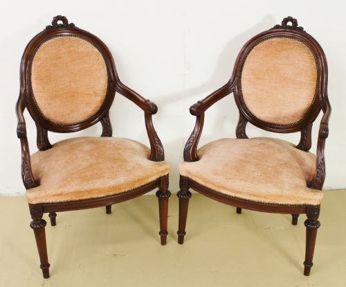 Pair of French Mahogany Upholstered Armchairs