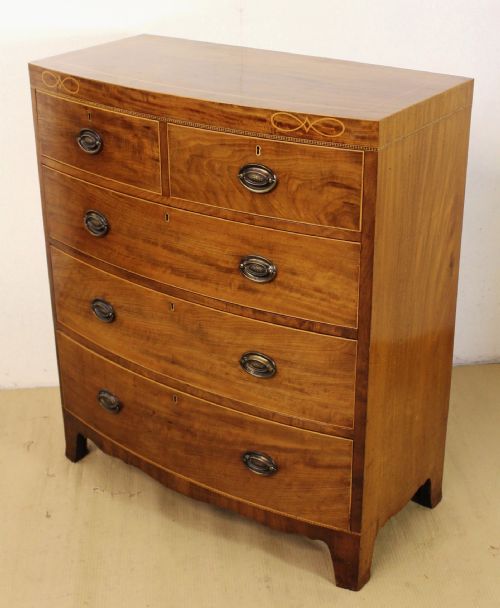 Maple and Co Inlaid Bow Fronted Chest of Drawers