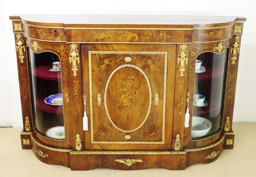 Victorian Floral Marquetry Inlaid Burr Walnut Credenza