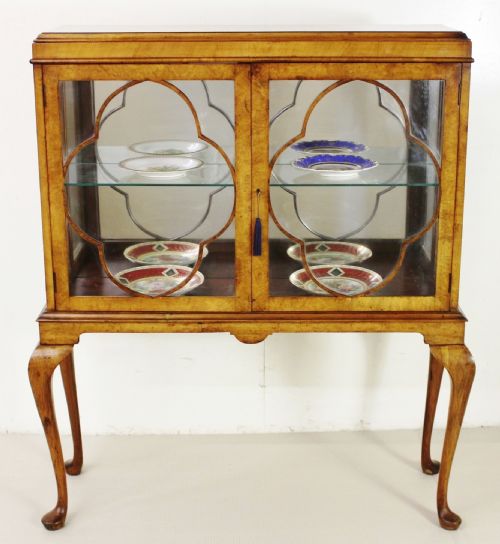 Burr Walnut Queen Anne Style Display Cabinet