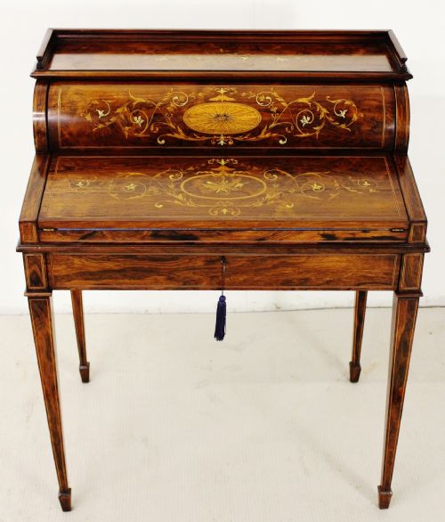 Inlaid Rosewood Cylinder Desk by W J Mansell