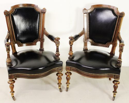 Pair of Brass Inlaid Leather Upholstered Armchairs