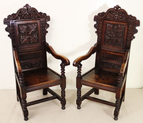 Pair of 19th Century Carved Oak Wainscot Armchairs