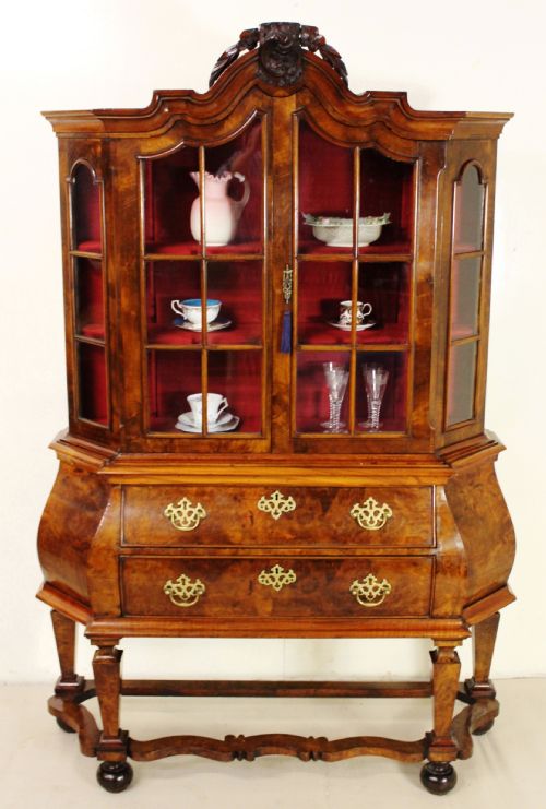 Dutch Burr Walnut Bombe Display Cabinet