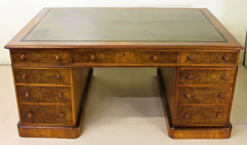 Large Victorian Burr Walnut Partners Pedestal Desk