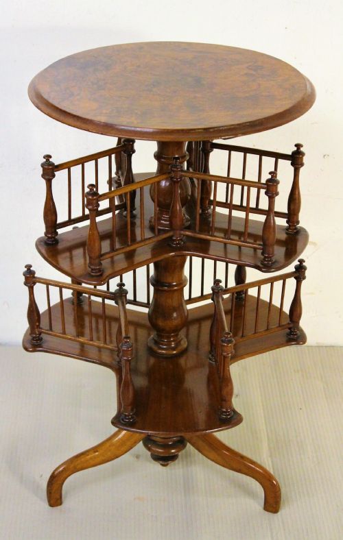 Victorian Burr Walnut Revolving 2 Tier Book Table
