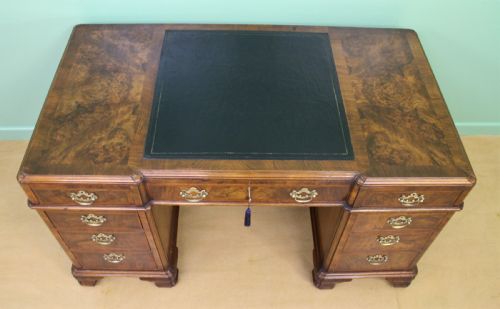 fig 1. Burr Walnut Pedestal Desk by Maple and Co
