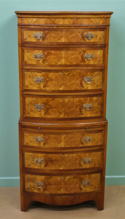 Bow Fronted Burr Walnut Chest on Chest
