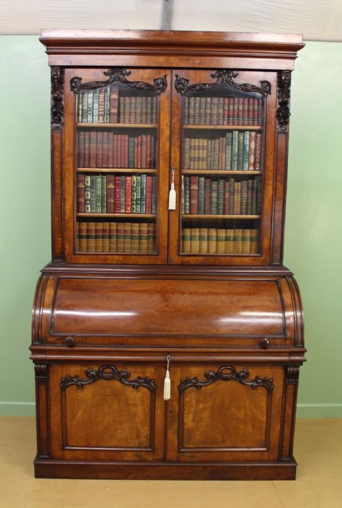Large Victorian Mahogany Cylinder Bureau Bookcase