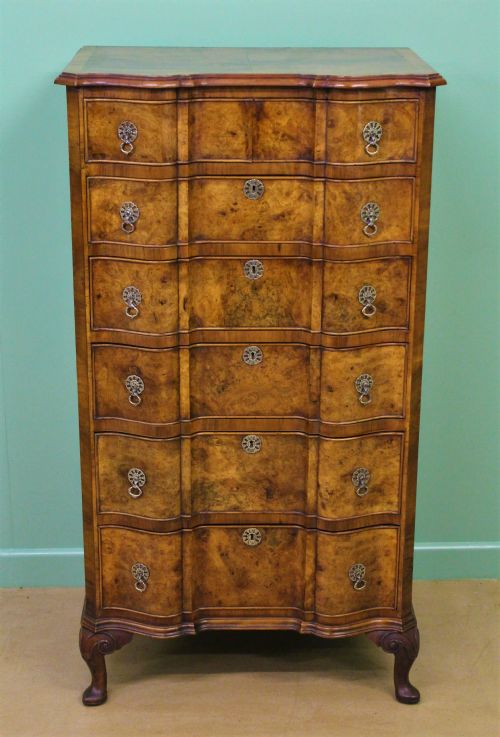 Tall Serpentine Burr Walnut Chest of Drawers