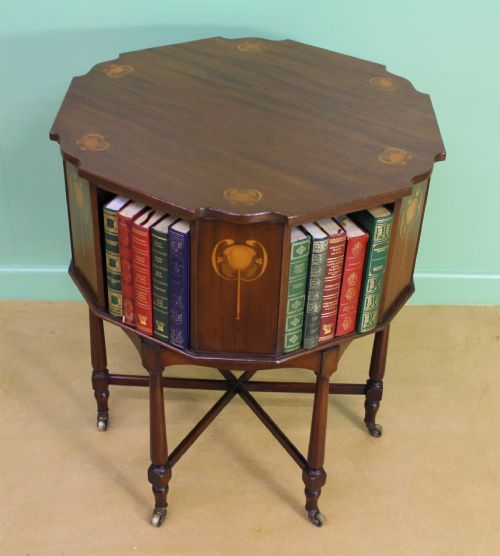 Art Nouveau Inlaid Mahogany Revolving Book Table