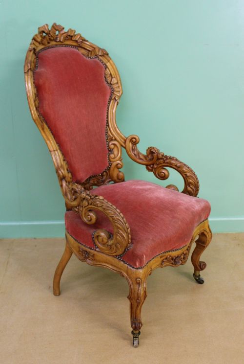 19th Century Carved Walnut Show Wood Armchair