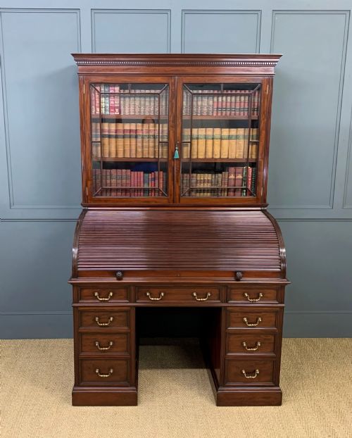 Victorian Figured Mahogany Roll Topped Bureau Bookcase