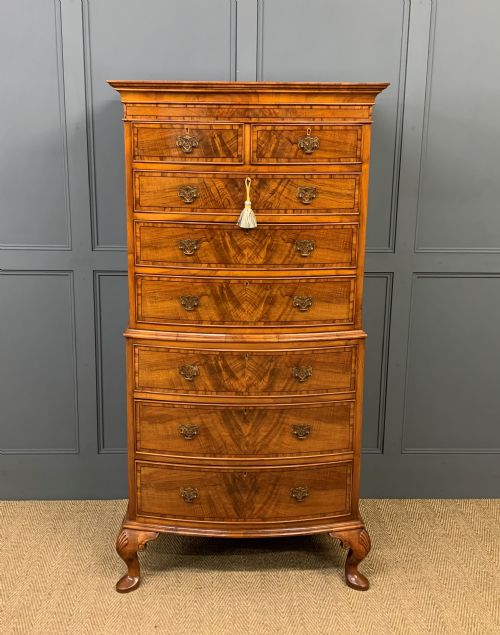 fig 1. Burr Walnut Bow Fronted Chest on Chest by Waring and Gillow