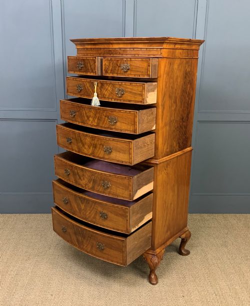 fig 4. Burr Walnut Bow Fronted Chest on Chest by Waring and Gillow