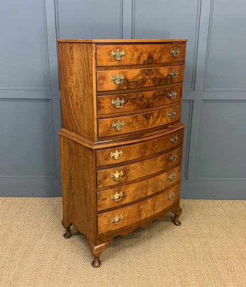 Burr Walnut Bow Fronted Chest on Chest