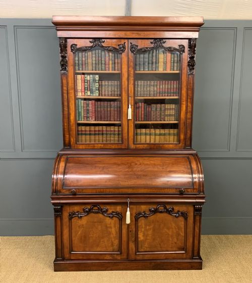 Large Victorian Mahogany Cylinder Bureau Bookcase