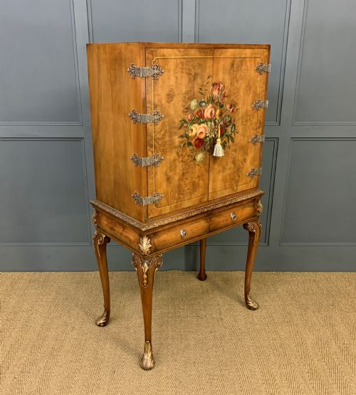 Floral Painted Burr Walnut Cabinet on Stand