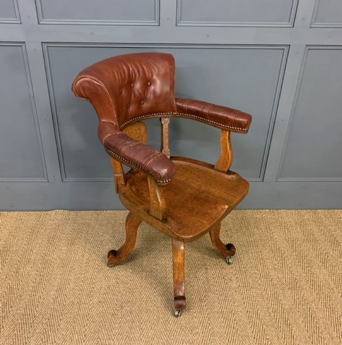 Victorian Oak and Leather Upholstered Revolving Desk Chair