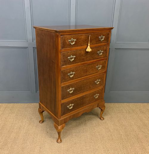 Tall Burr Walnut Chest of Drawers
