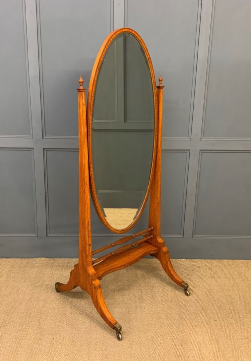 Edwardian Oval Inlaid Satinwood Cheval Mirror