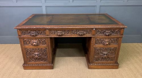 Large Victorian Carved Oak Pedestal Desk