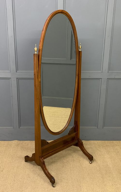Edwardian Oval Inlaid Mahogany Cheval Mirror