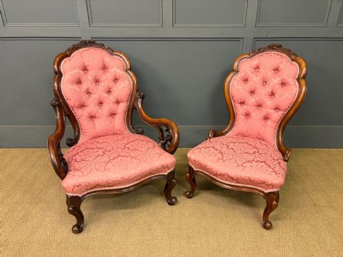 PAIR OF VICTORIAN WALNUT NURSING CHAIRS