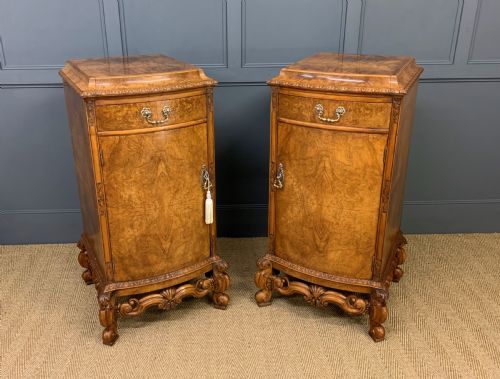 TALL PAIR OF BURR WALNUT PEDESTAL CUPBOARDS