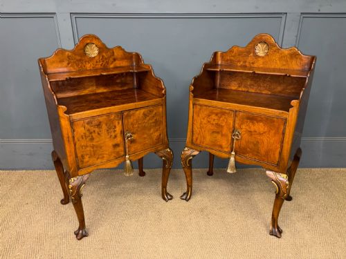 PAIR OF BURR WALNUT BEDSIDE CUPBOARDS BY MAPLE CO