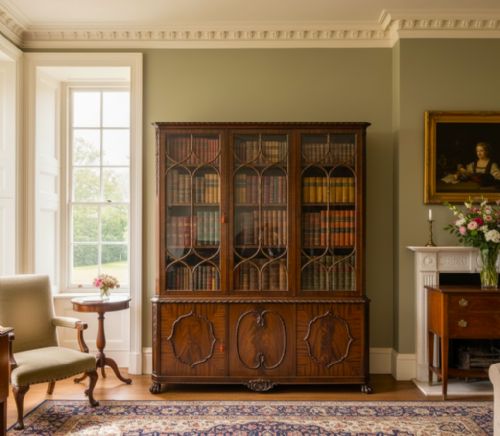 fig 1. A Chippendale revival mahogany bookcase featuring three astragal glazed upper doors above three flame mahogany lower cupboard doors on carved claw and ball feet.