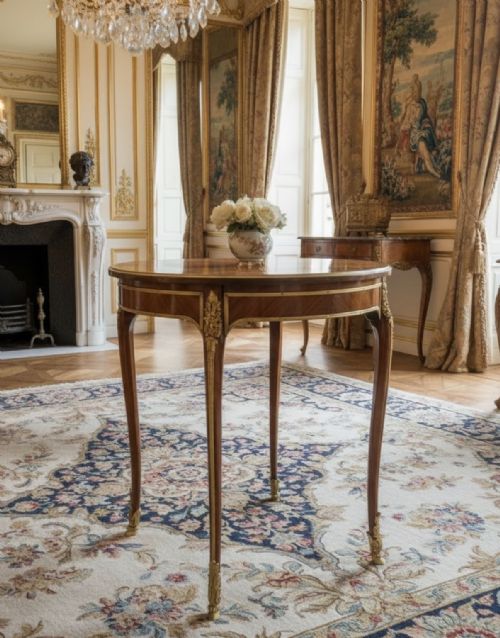 fig 1. A circular rosewood centre table featuring quarter-veneered top, cabriole legs, and gilt-bronze ormolu mounts.