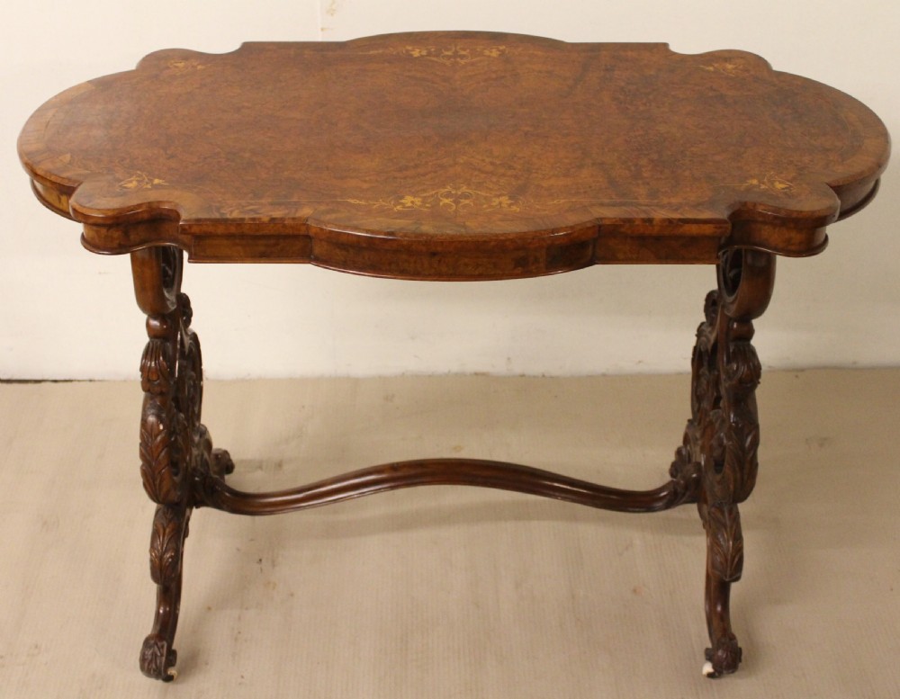 Victorian Inlaid Burr Walnut Stretcher Table